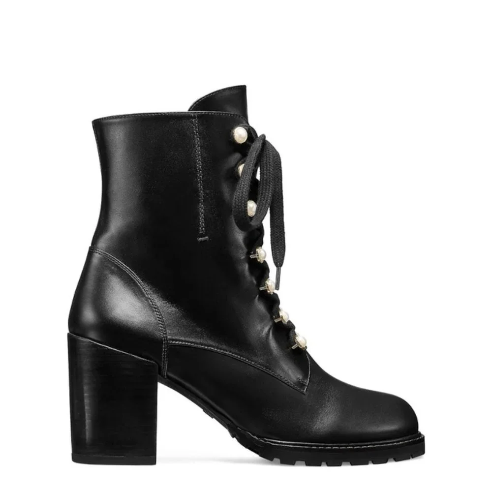 NWOB Stuart Weitzman Ivey Black Leather Pearl Mid Calf Boots
